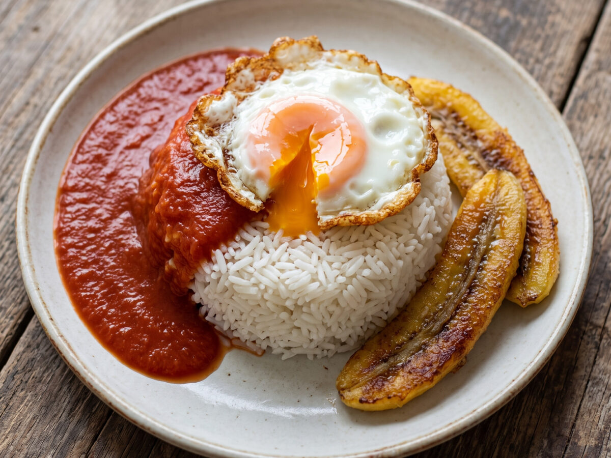 Arroz a la cubana mit Spiegelei und gebratener Banane