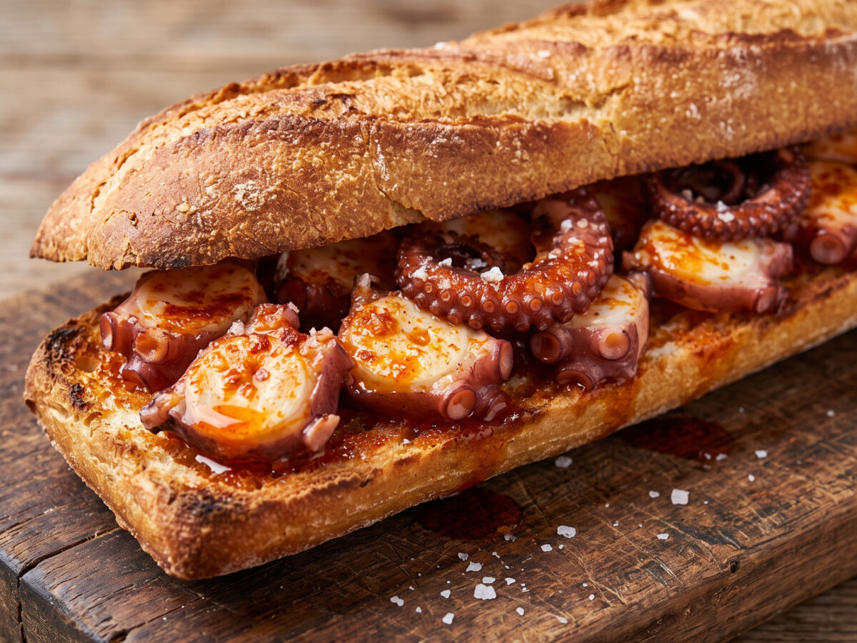 Pulpo á feira zwischen zwei knusprigen Hälften