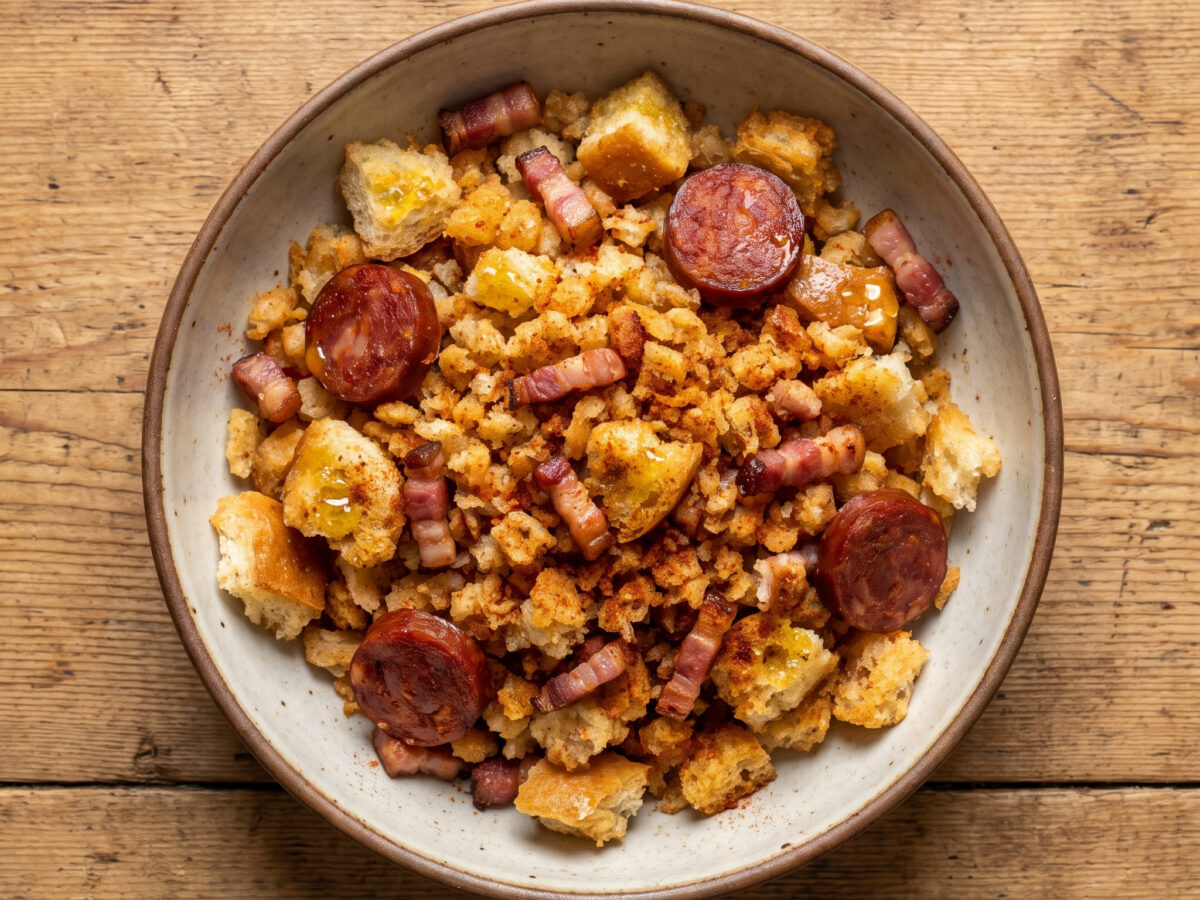 Brot-Migas mit Knoblauch, Speck und Chorizo