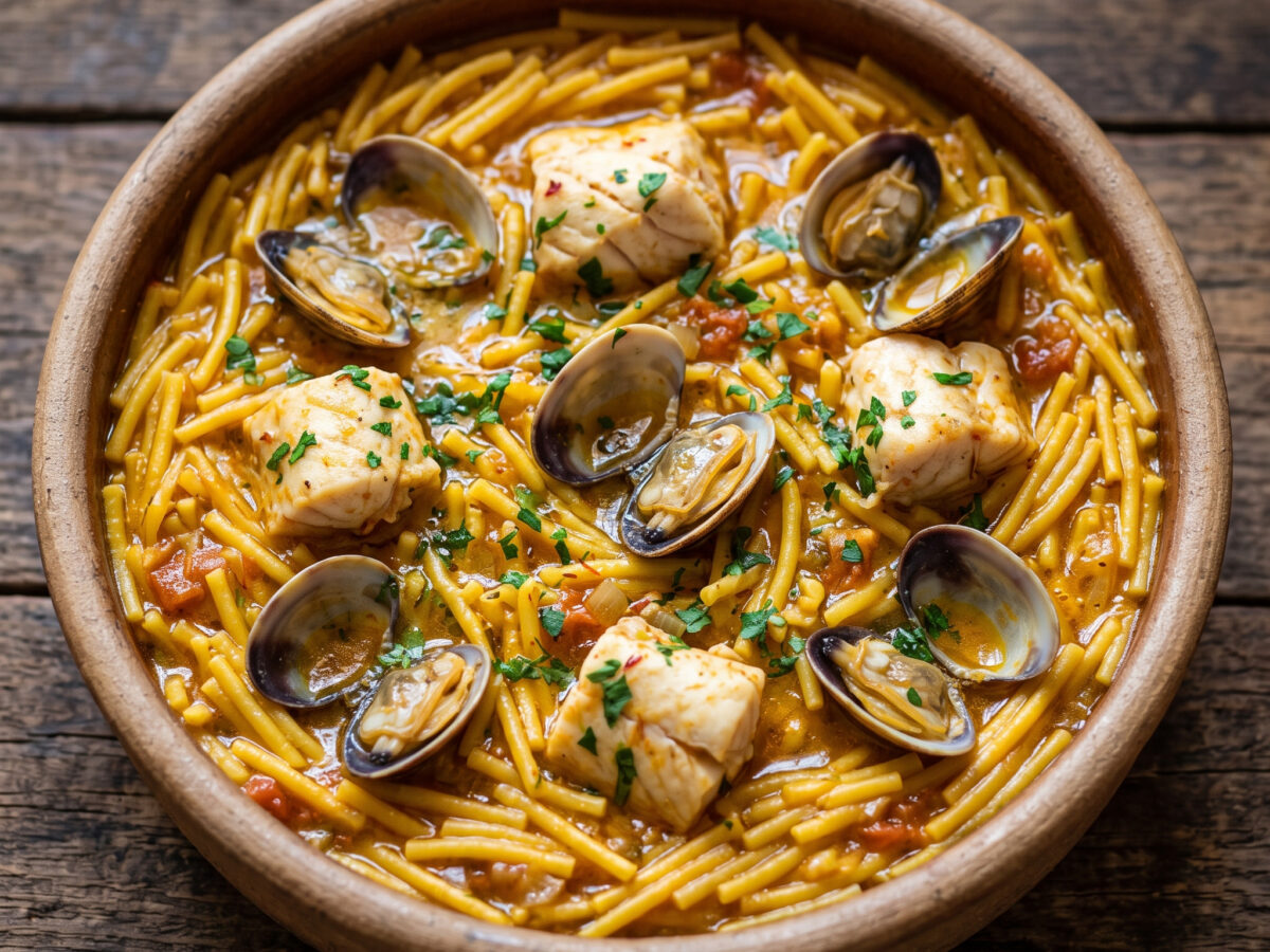 Cazuela de fideos con pintarroja y almejas