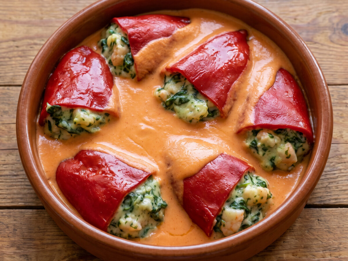 Pimientos rellenos de espinacas y gambas