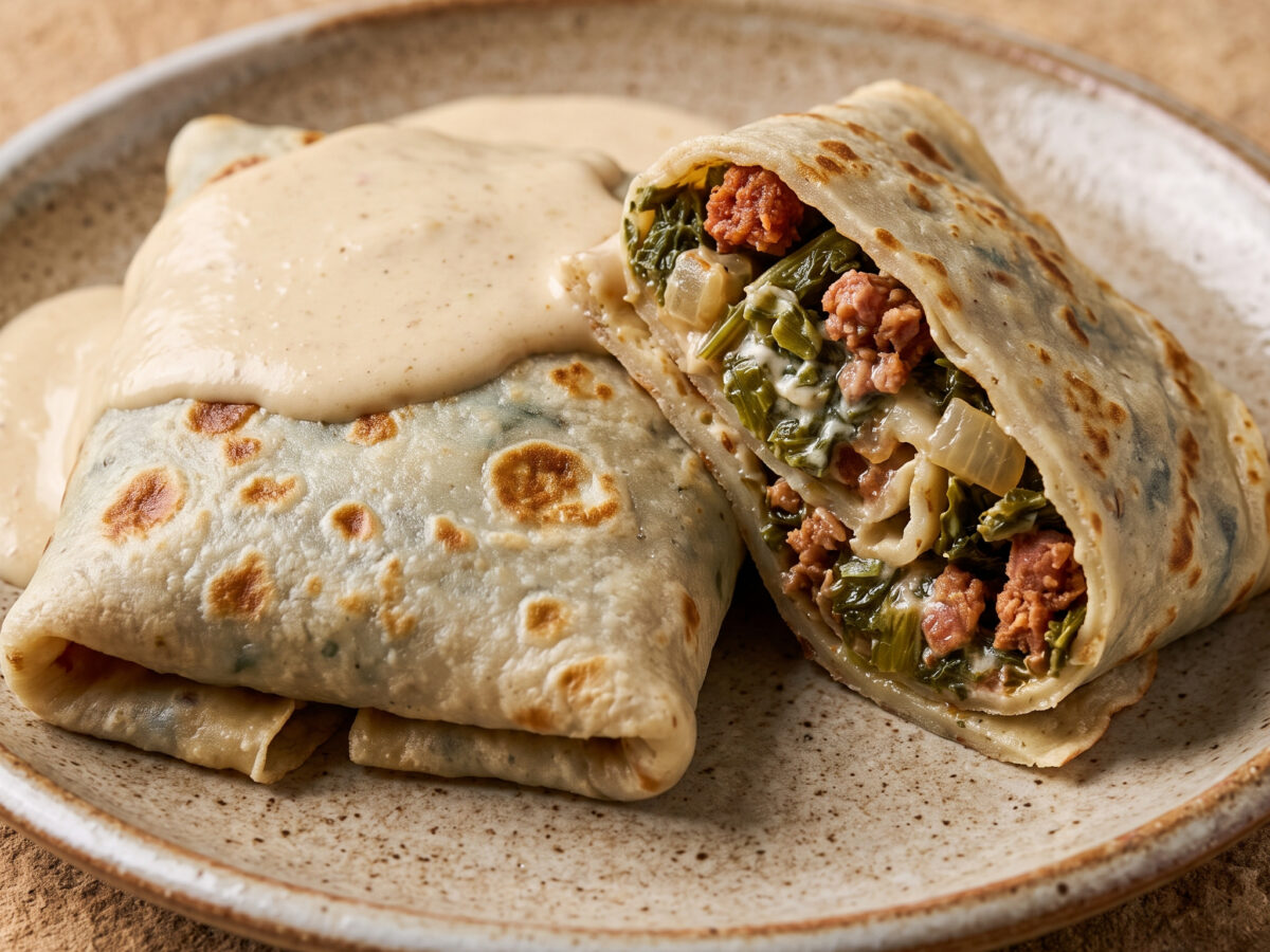 Herzhafte Filloas aus Galicien mit Grelos und Chorizo