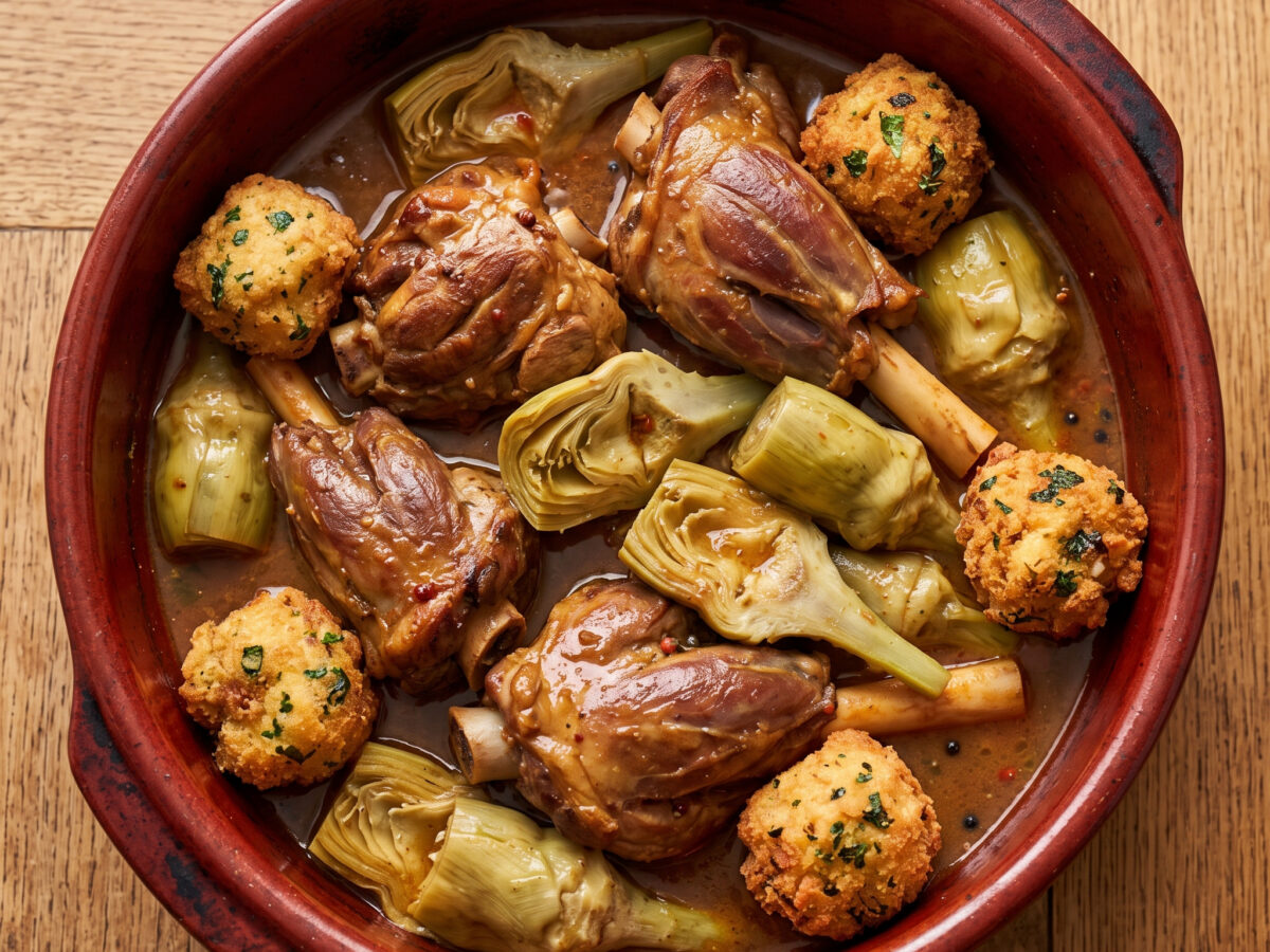 Jarretes de ternasco mit Artischocken und huevos tontos