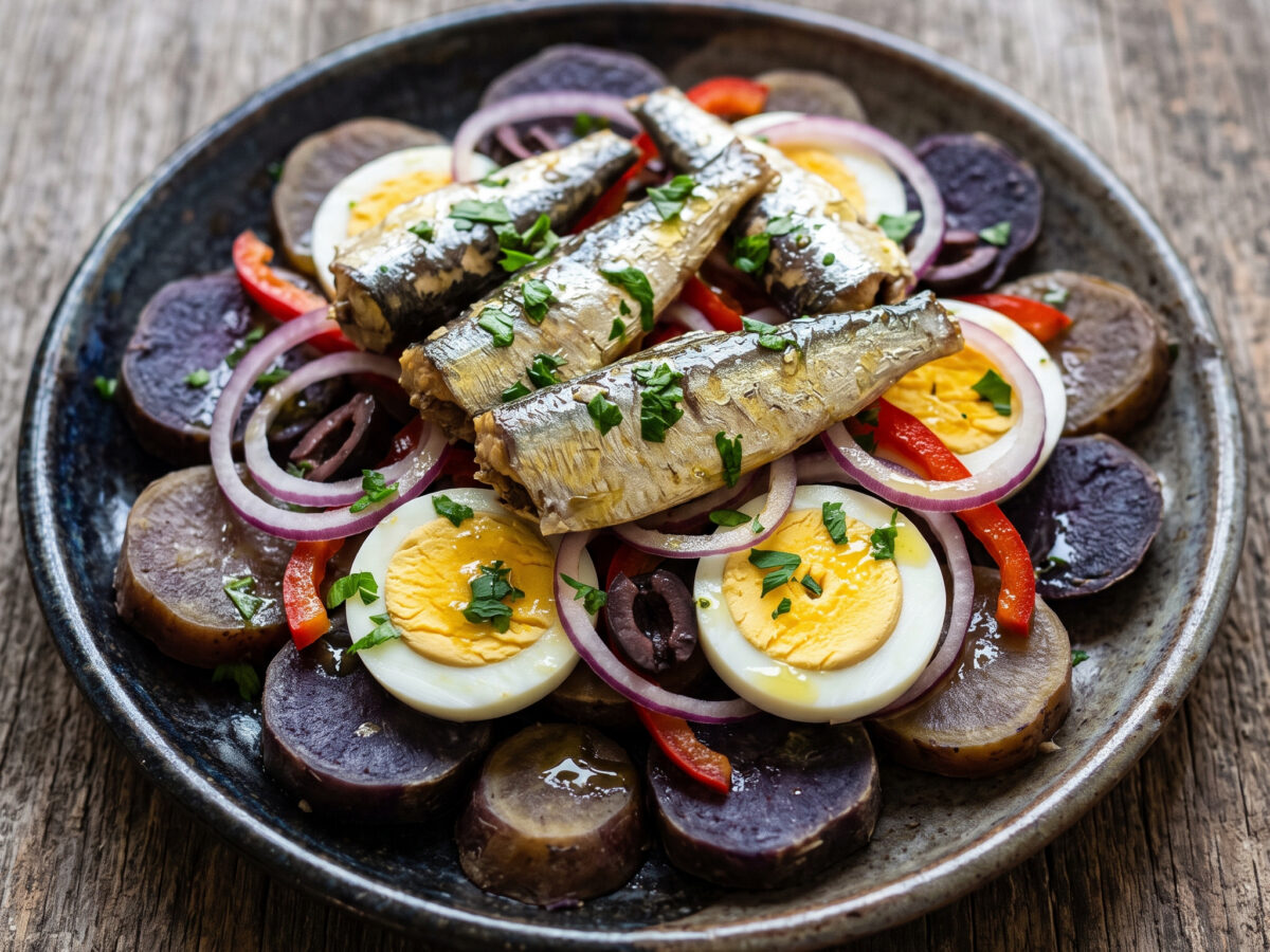 Kanarische Ensalada de papa negra y sardinillas