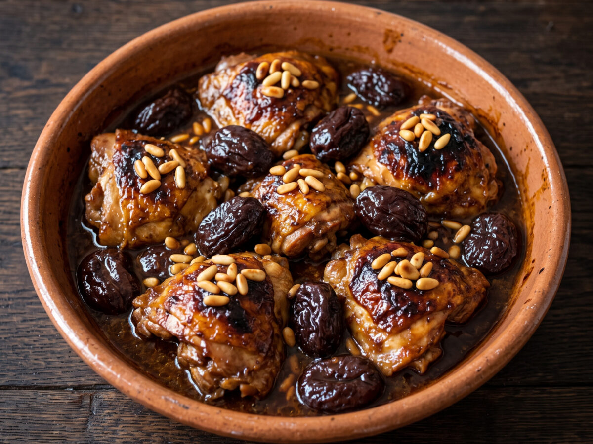 Katalanisches Schmorhähnchen mit Pflaumen und Pinienkernen