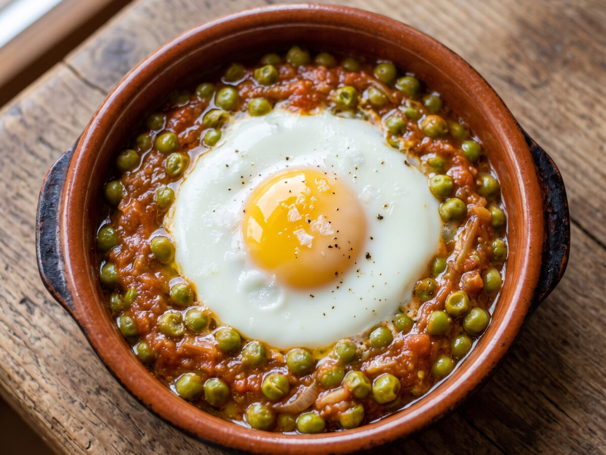 Ous al plat amb pèsols – Katalanische Ofen-Eier