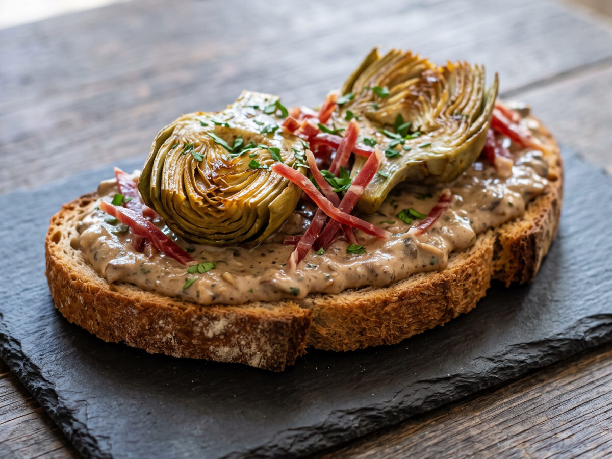 Tosta de alcachofas mit Waldpilzsauce und Jamón