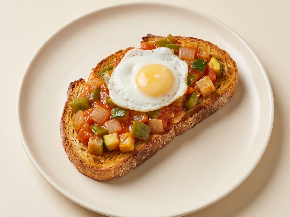 Tosta de pisto manchego con huevo de codorniz